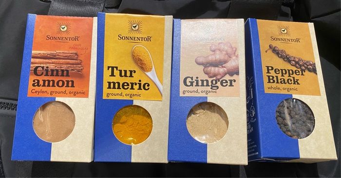 Organic ginger turmeric cinnamon black pepper thyme coriander spices superfood