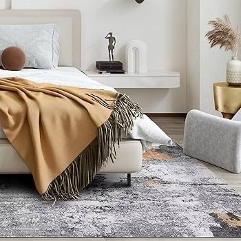 Washable Rugs Living Room 80x150cm Short Pile Area Rugs Non Shedding Carpet Rug for Bedroom Modern Abstract Bedroom Rug Machine Washable Rug Faux Wool Rug Black Grey Charcoal Rug Non Slip Rug
