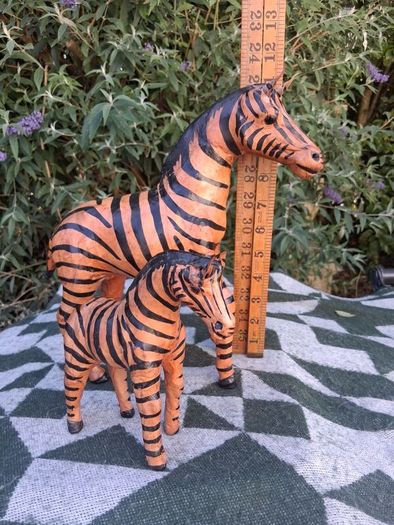Mid Century Leather 11 Inch Zebra and Foal (Handpainted )