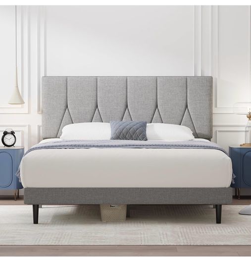 King Bed Frame, Light Grey, Upholstered Wooden Slat Bed Frame with Headboard