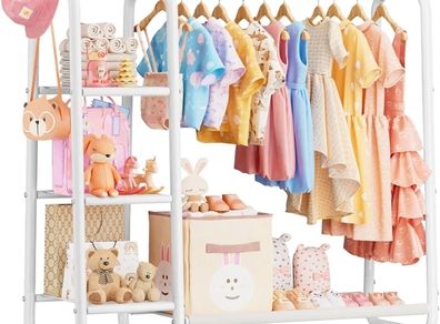 Kids Clothes Rail with 3-Tier Storage Shelves Strong Storage Dress Up Rail  Metal Frame Childrens Clothes Rail with Bottom Shelf - for Baby Clothes Coats Skirts Shoe Organizer Kids Wardrobe