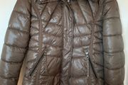 Khaki puffer jacket, fur-lined hood (like new) 10-12