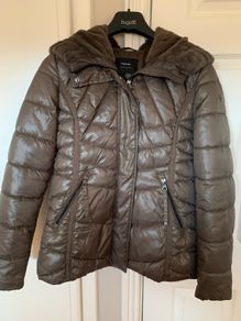 Khaki puffer jacket, fur-lined hood (like new) 10-12