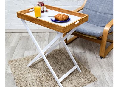 Relaxdays Folding Side Table, Bamboo, White and Natural, 60x40x72 cm