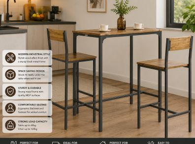 Industrial Style Table and 2 Bar Chairs Set Bar Table + Bar Stools Standing Table Bar Game High Table Chair