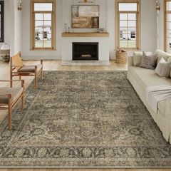 Vintage Rugs Living Room Brown Large Area Rug 200x300cm Non Slip Washable Hall Lounge Bedroom Kitchen Office Dining Room Indoor Carpet Low Pile Big Carpets