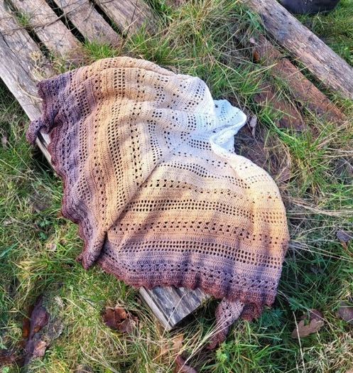 Handmade crochet triangle shawl wrap. Brown and beige ombre lacy shawl