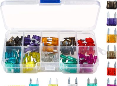 Mini Fuses,TKING 100pcs Assorted Auto Car Truck Mini Blade Fuses Assortment 2A 3A 5A 7.5A 10A 15A 20A 25A 30A 35A With 1 Fuse Extrator 1 Carrying Box (Mini Blade Fuse)