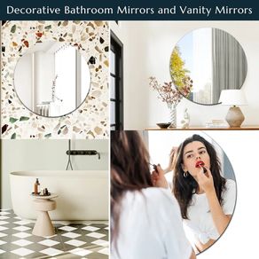 Round Mirror Frameless Glass Stick On Wall Mirror, 40cm Circle Bathroom Mirror Decorative Mirrors for Bathroom Living Room Entryways Hallway Dressing Table