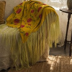 Vintage Italian Silk Embroidered Rose Shawl /Tablecloth 220 times 220 cm