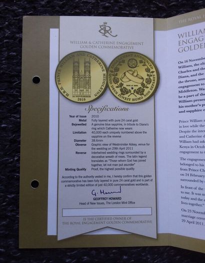 Royal Engagement 24k Gold Plated Commemorative Medal with Genuine Blue Sapphire and COA ( No. 01574 / 40,000 )