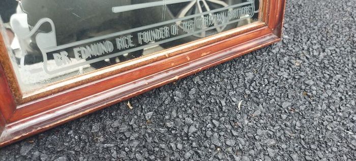 Dr Edmund Rice founder of the Christian brothers etched mirror,came from a old school,hard to come by ,heavy,lovely display,a piece of irish history,,hard to come by, buyer collects,sold as seen ,sorry pics not more clearer,I gave wood a light polish.