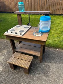 Hand made solid timber mud kitchen with stool with accessories