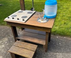 Hand made solid timber mud kitchen with stool with accessories