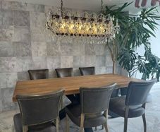 Dining table on the chair,  chandelier light
