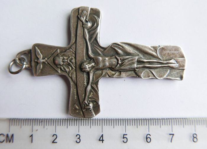 Vintage Holy Trinity Crucifix in silvered brass 14 x 9 cm