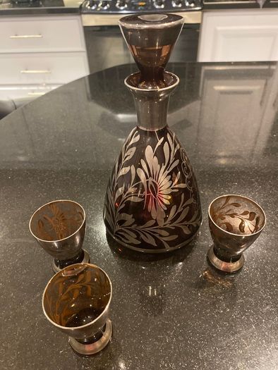 Amethyst Silver Decorated Decanter VINTAGE    With Three Matching Glasses