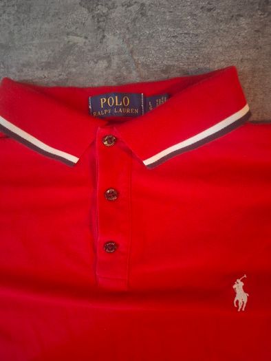 Polo Ralph Lauren Men's L Polo Shirt Red White Tipped Big Sleeve Logo Custom Fit