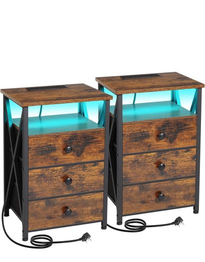 Bedside Table Set of 2 with Charging Station