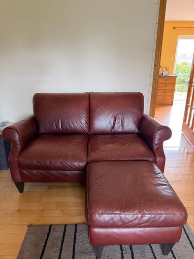 Genuine Leather 2 seater sofa w/ matching pouffe