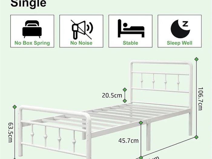 Single Bed Frame 3ft with Headboard and Footboard, Single Metal Bed Frame 46 cm High with Steel Slats Support, Noise Free, Easy Assembly, White