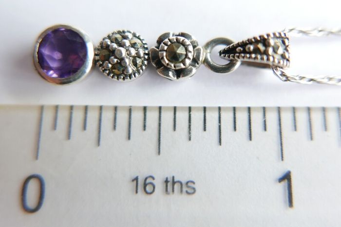 Vintage 925 Sterling Silver Amethyst and Marcasite Necklace and Earring Set