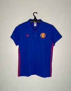 Adidas Manchester United FC 2016 Mens Blue Polo Neck T-Shirt Size Large