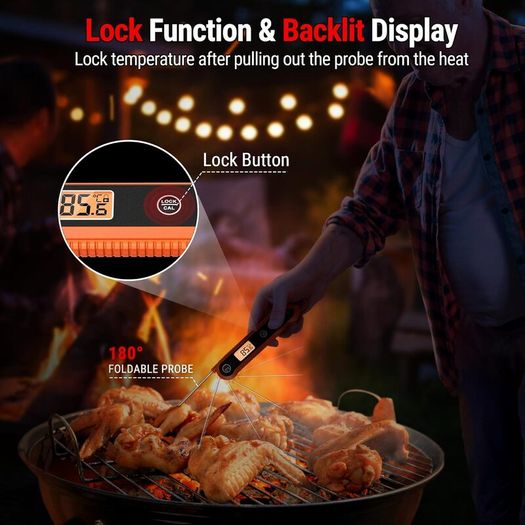 Meat Thermometer with IPX6 Waterproof, Food Thermometer Foldable Food Temperature Probe with LCD Backlight Calibration Lock Fuction, Kitchen Digital Instant Read Probe for Oil Jam Milk