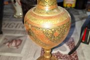 Beautiful Etched Brass Vase with red and Floral Enamel Accents, Postage Available