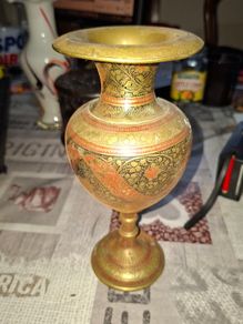 Beautiful Etched Brass Vase with red and Floral Enamel Accents, Postage Available