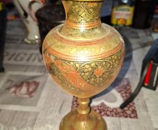 Beautiful Etched Brass Vase with red and Floral Enamel Accents, Postage Available
