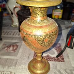 Beautiful Etched Brass Vase with red and Floral Enamel Accents, Postage Available