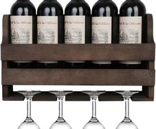 Fully Assembled Wall Wood Wine Rack and Glass Holder, Can Hold Up to 5 Bottles and 4 Stemware Glasses , Rustic Wine Storage Display Shelf for Kitchen, Dining Room, Bar,42x10x 24cm