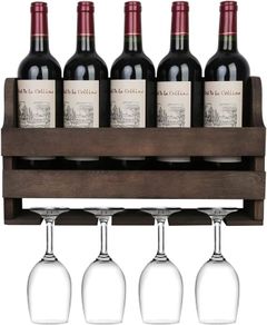 Fully Assembled Wall Wood Wine Rack and Glass Holder, Can Hold Up to 5 Bottles and 4 Stemware Glasses , Rustic Wine Storage Display Shelf for Kitchen, Dining Room, Bar,42x10x 24cm