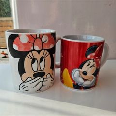 Set of Two Disney Minnie Mouse Ceramic Mugs Red White Polka Dot Cups