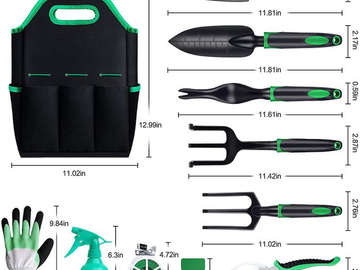 _Garden Tools Set, 11 in 1 Garden Tool Set with Bag, Stainless Steel Pruning Shears, Planting Trowel, Weed Trowel, Rake, Weed Fork, Pointed Shovel, Spray Accessory Set for Garden Care