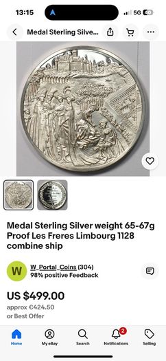 RARE Medal Sterling Silver weight 2.3 oz 65g Proof Les Freres Limbourg