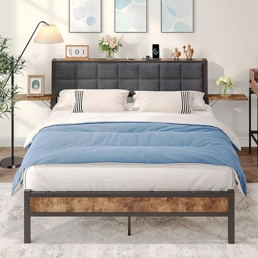 King Size Bed Frame with Storage,Metal Bed Frame Kingsize Bed Upholstered Platform Bed with Charge Station and USB Ports,Removable Bedside Shelf,Easy Assemly,Black + Grey