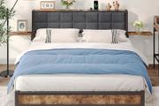 King Size Bed Frame with Storage,Metal Bed Frame Kingsize Bed Upholstered Platform Bed with Charge Station and USB Ports,Removable Bedside Shelf,Easy Assemly,Black + Grey