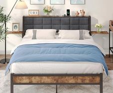 King Size Bed Frame with Storage,Metal Bed Frame Kingsize Bed Upholstered Platform Bed with Charge Station and USB Ports,Removable Bedside Shelf,Easy Assemly,Black + Grey