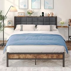 King Size Bed Frame with Storage,Metal Bed Frame Kingsize Bed Upholstered Platform Bed with Charge Station and USB Ports,Removable Bedside Shelf,Easy Assemly,Black + Grey