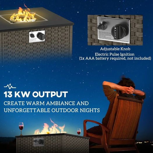 Rattan Gas Fire Pit Table for Garden 13 KW Smokeless Propane Fire Pit with Lid