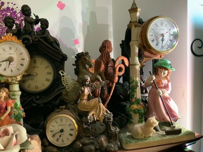Clock, figures, Display Cabinet