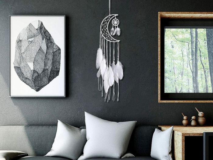 White Dream Catcher Handmade Moon Design with Feathers Dreamcatcher Wall Hanging Home Decoration Ornament Christmas Festival Craft Gift (FREE POSTAGE)