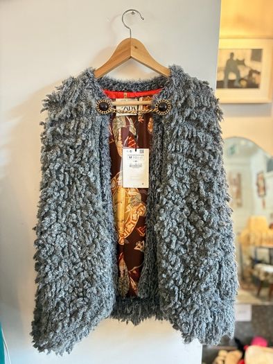 Zara faux sherling grey open coat with chain closure