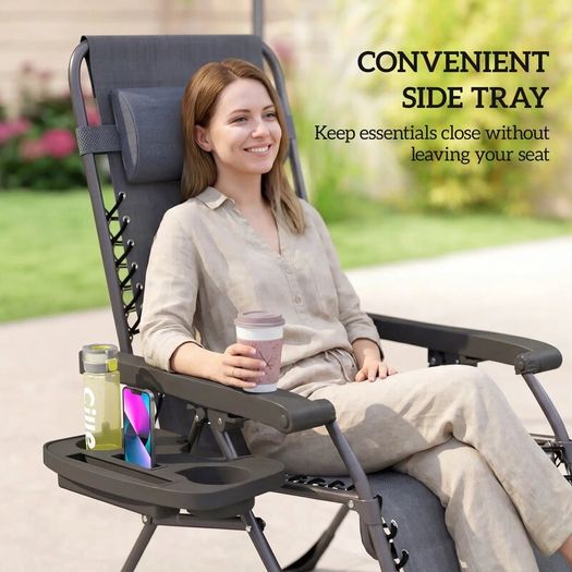 Zero Gravity Chairs Set of 2, Folding Sunloungers Reclining Garden Chairs with Cup Holder, Headrest, Dark Grey
