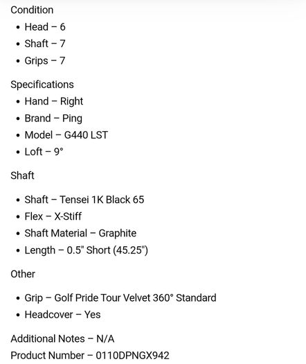Ping G440 LST Driver / 9 Degree / Tensei 1K Black 65 X-Stiff