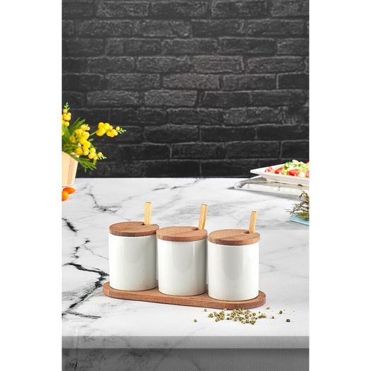 Set of 3 with Spoon Wooden Spice Set Jar 3 Pcs Set Spice Box Storage Container Table and Counter Top Usage Presentations Kitchen Gift Houseware New