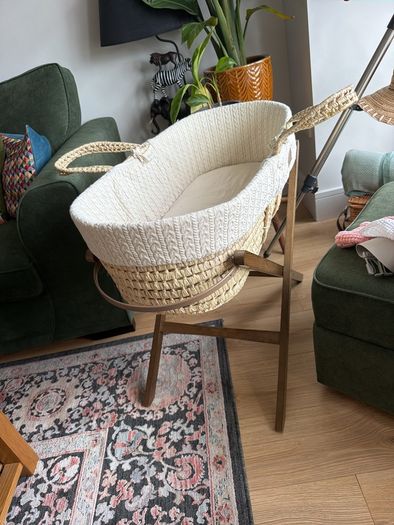 Moses Basket - Little Green Sheep with mattress protector and 2 bedsheed