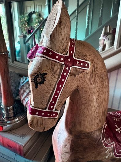 New vintage inspired 45cm high hand carved horse on wheels with washed wood finish